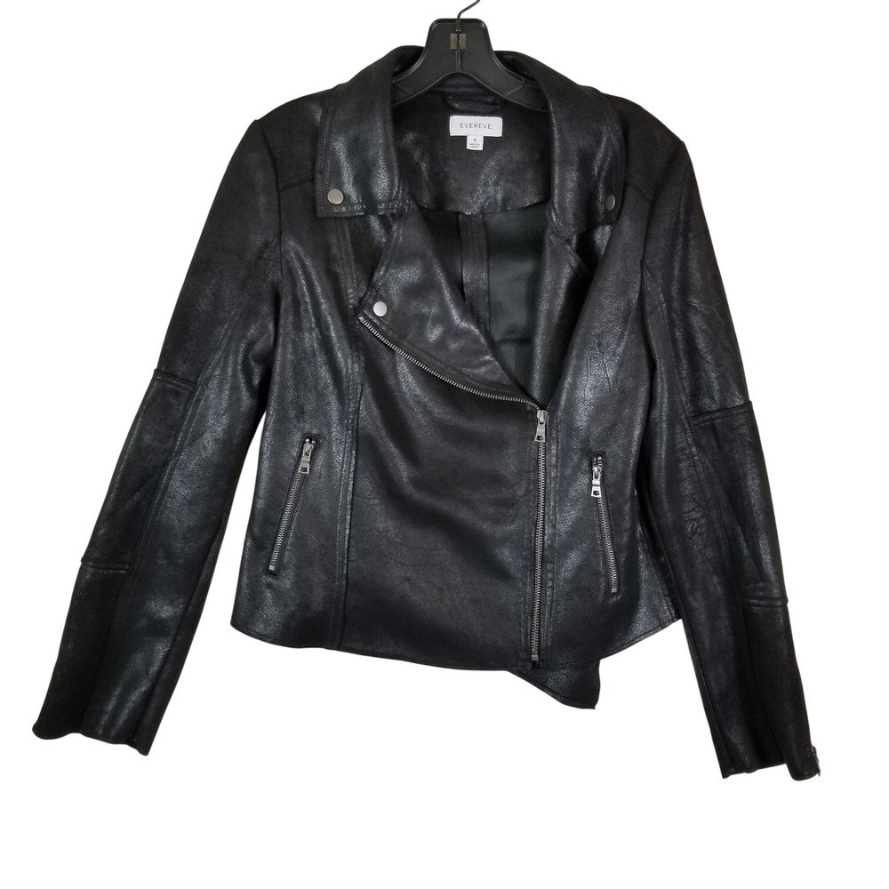 Evereve Moto Jacket Women Size M Black Faux Leather Asymmetrical Zip 50281R4-IDG